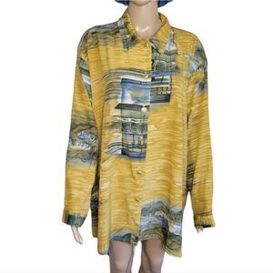 Vintage Wild Thyme oversized long sleeve printed button down shirt.
